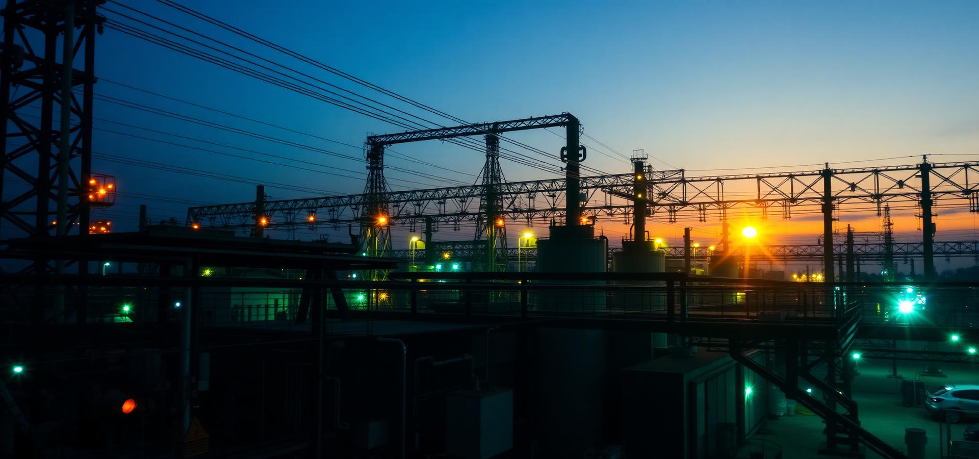 Industrial facility with electrical infrastructure at dusk