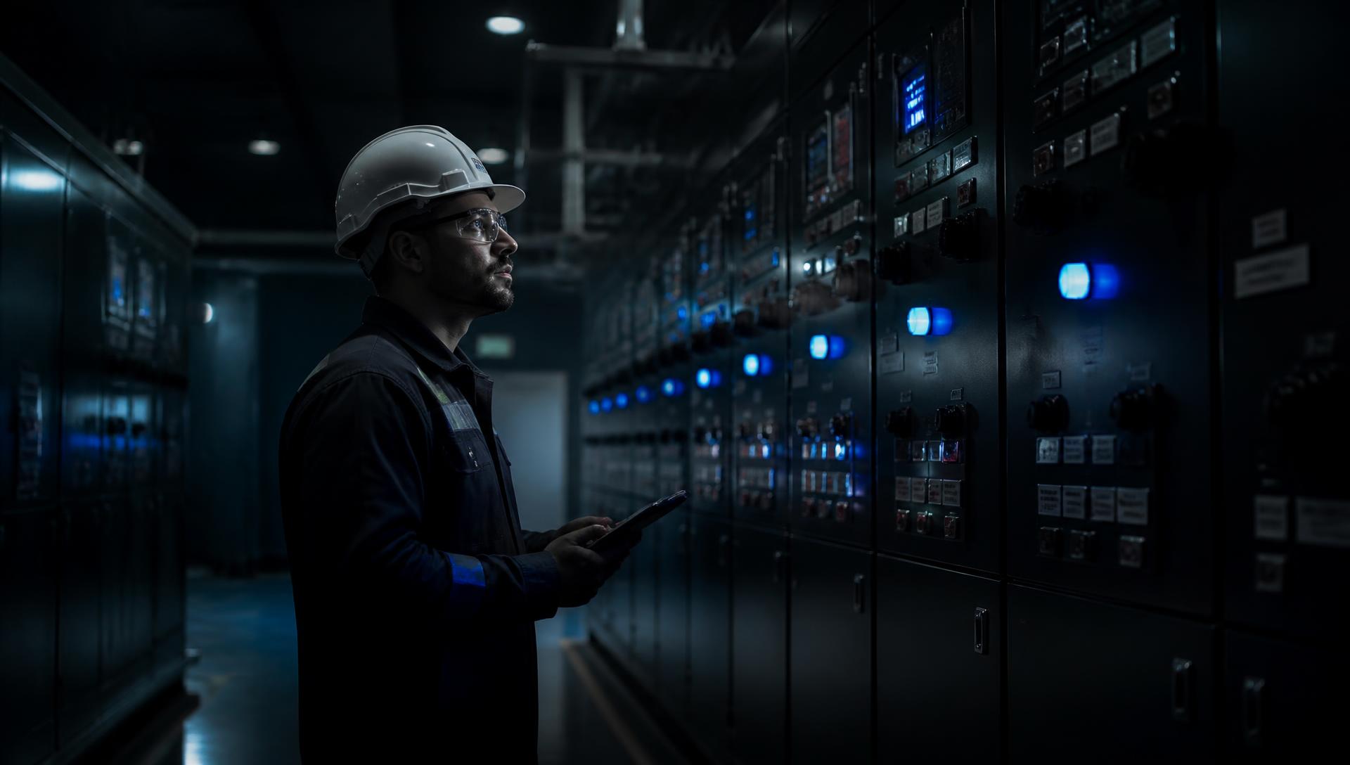 Engineer inspecting illuminated industrial electrical control panels